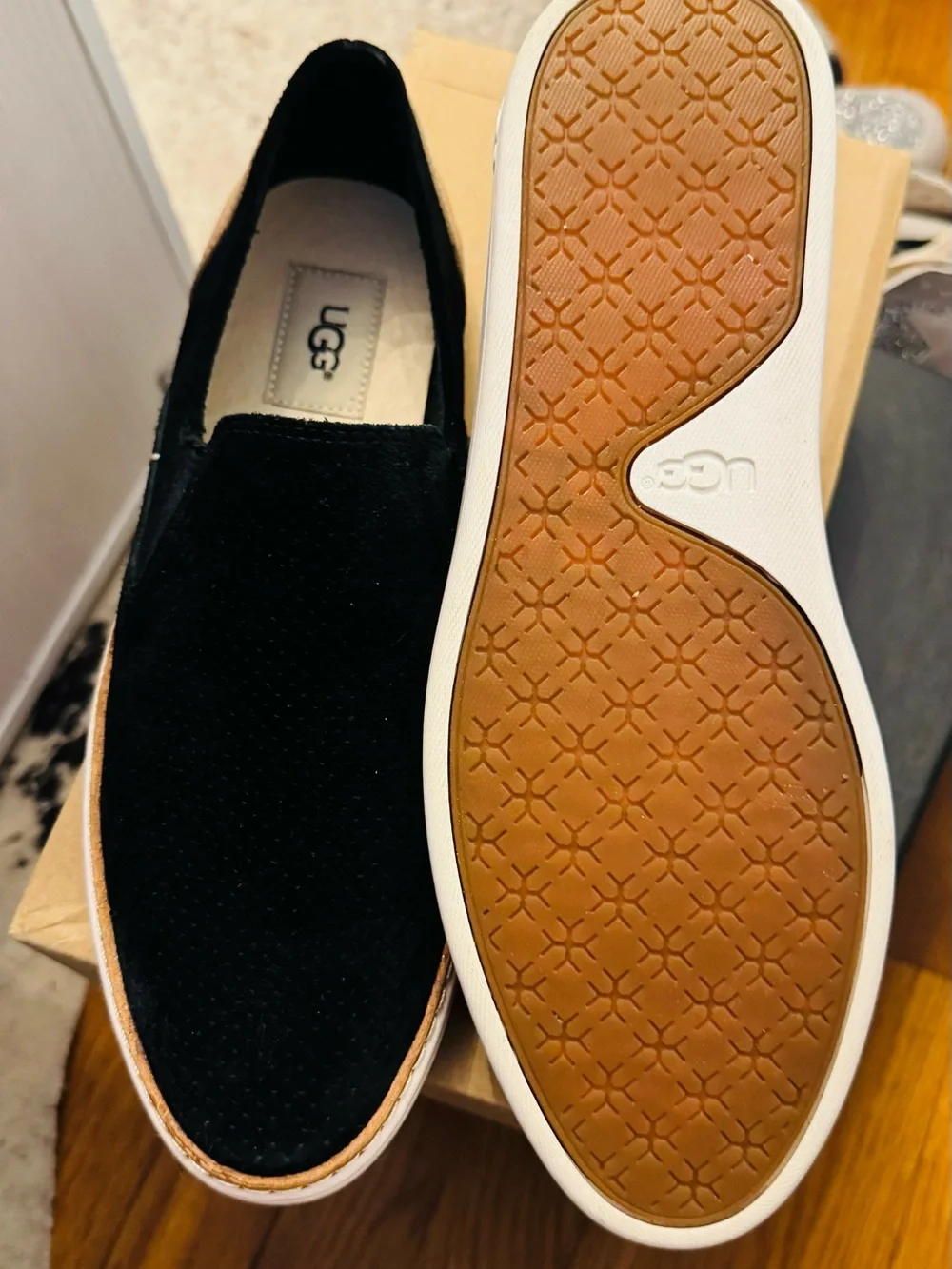 UGG women, very slick, Black Suede Slip-On Loafers with Tan Outsole
